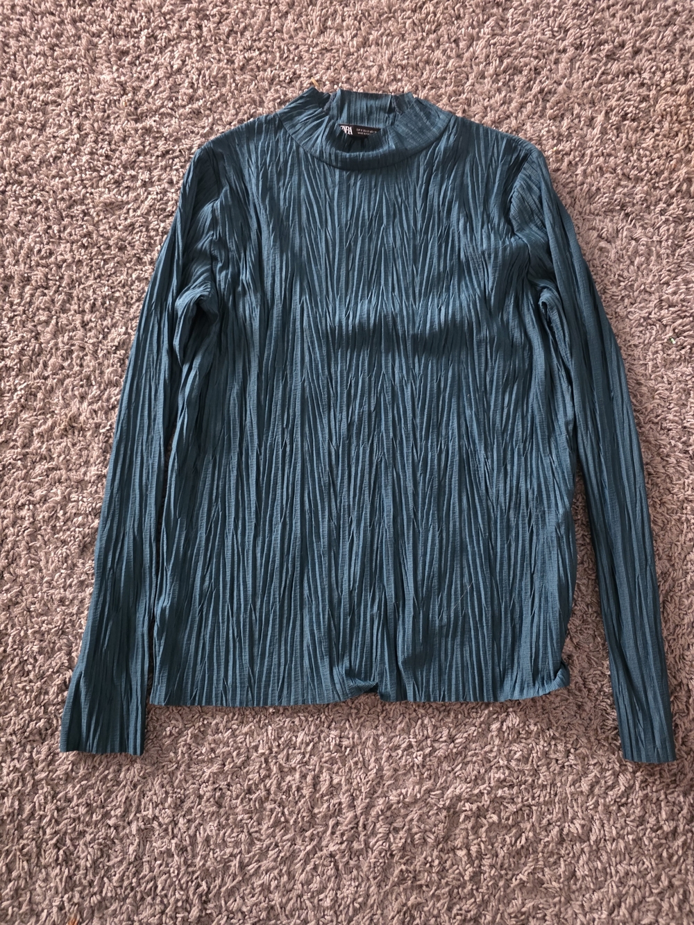 Zara Teal Pleated Long-Sleeve Mock Neck Top